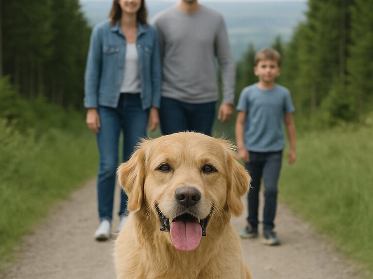 Familie mit Hund bei einem Spaziergang im Wald im Harz.